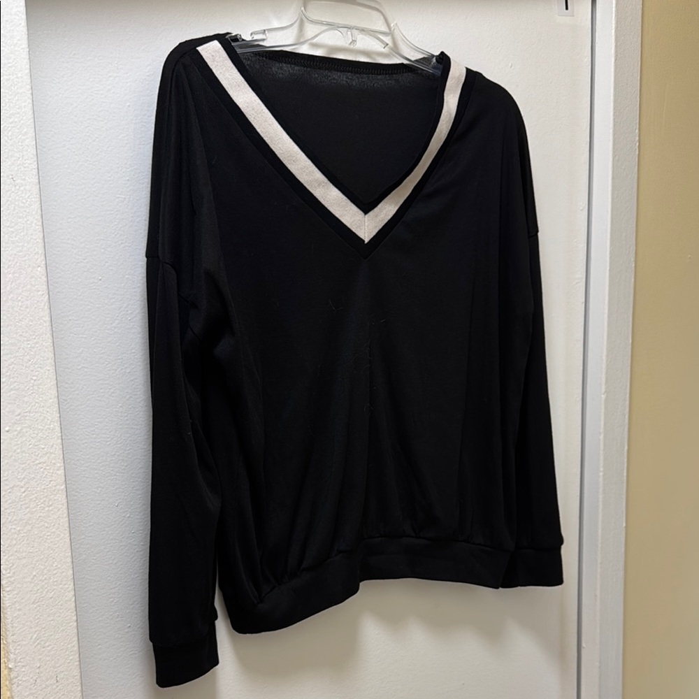 Black V-Neck Sweater with White Trim